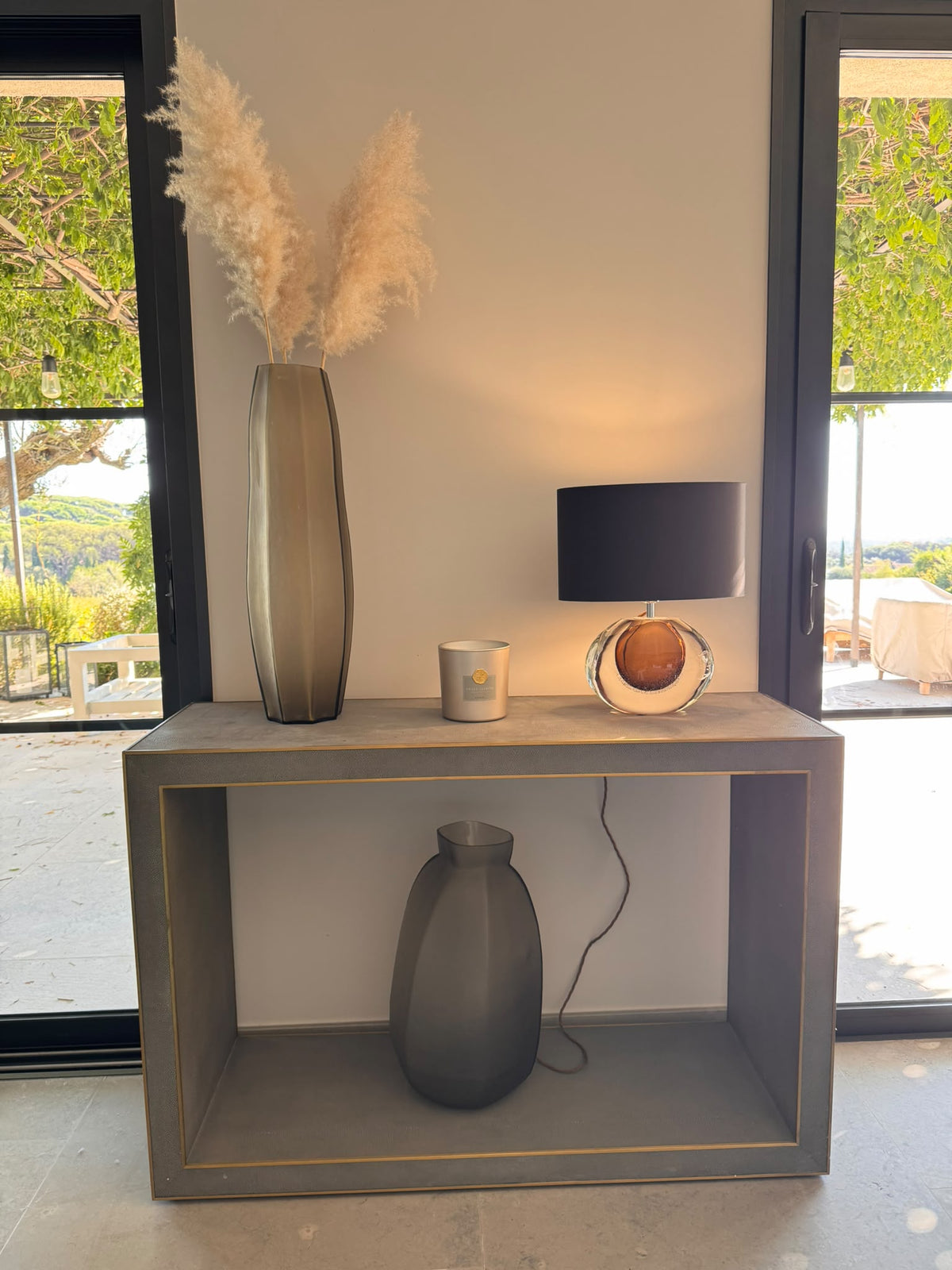 Grey Shagreen-Effect Console Table with Gold-Finish Edging