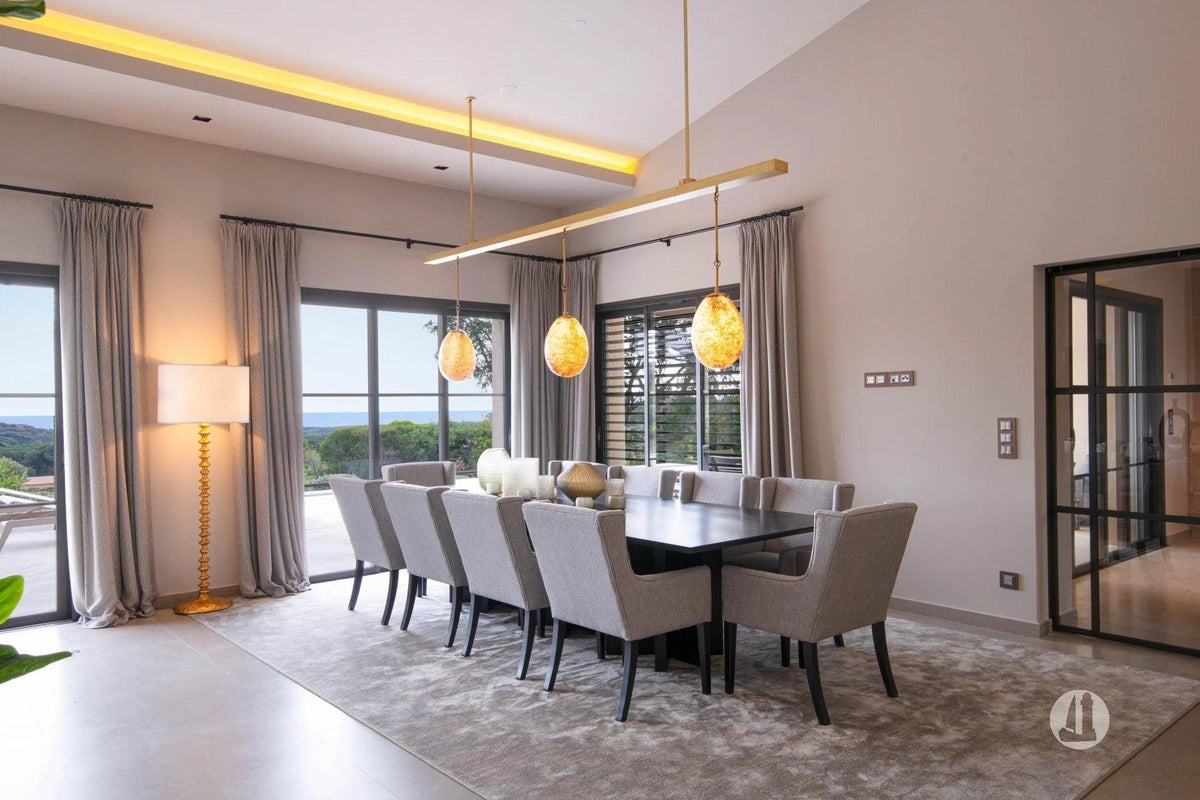 Brass Linear Pendant Light with Three Amber Glass Shades - Meubles Monaco