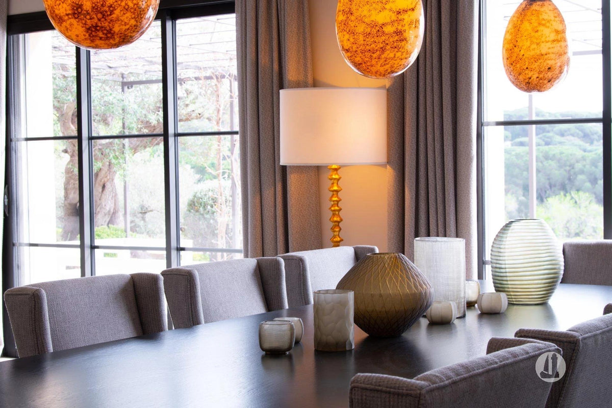 Brass Linear Pendant Light with Three Amber Glass Shades - Meubles Monaco