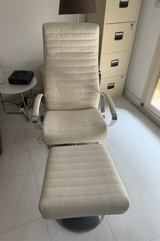 Modern White Leather Lounge Chair and Footstool