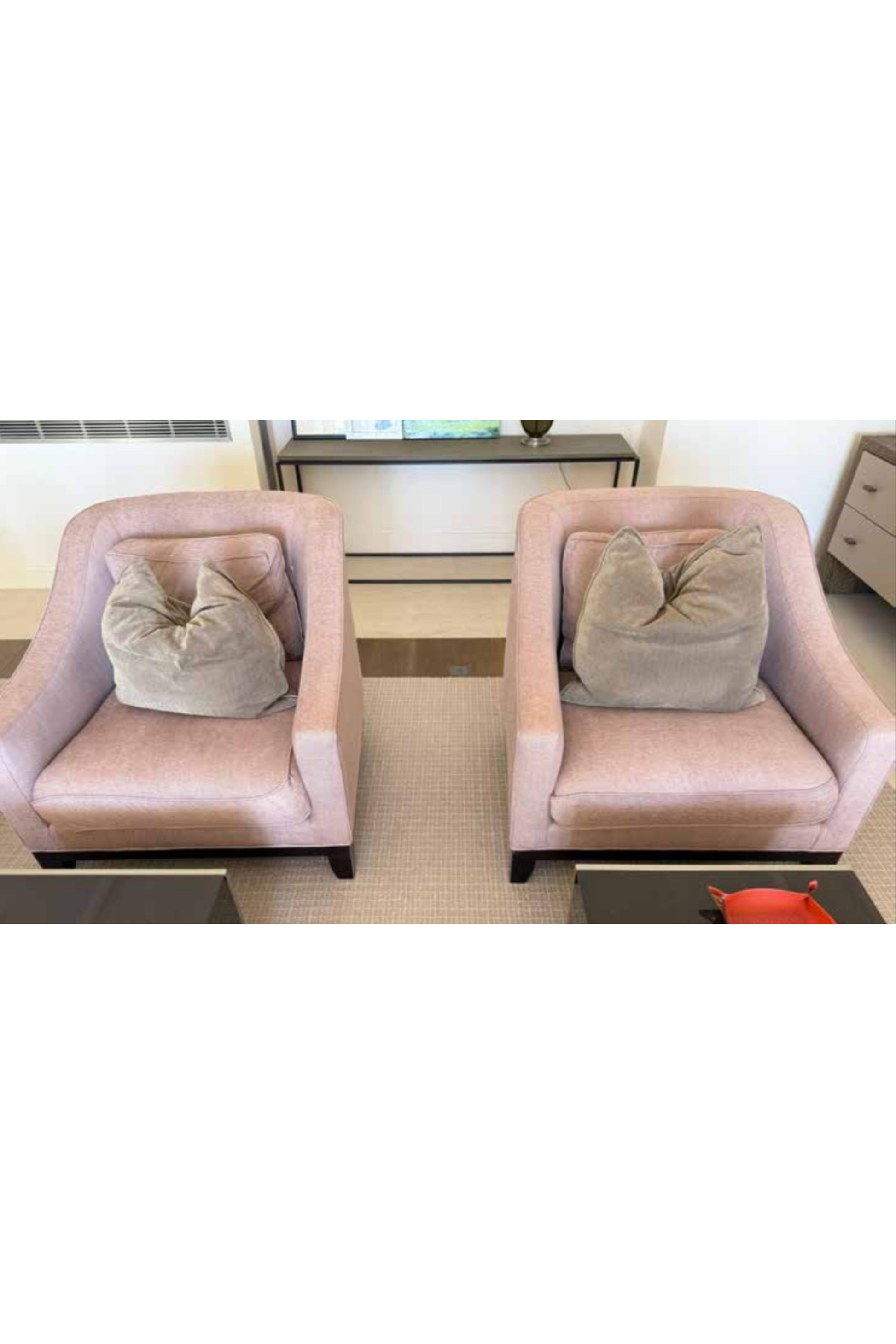 Pair of Pierre Frey Armchairs – Pink Linen - Meubles Monaco