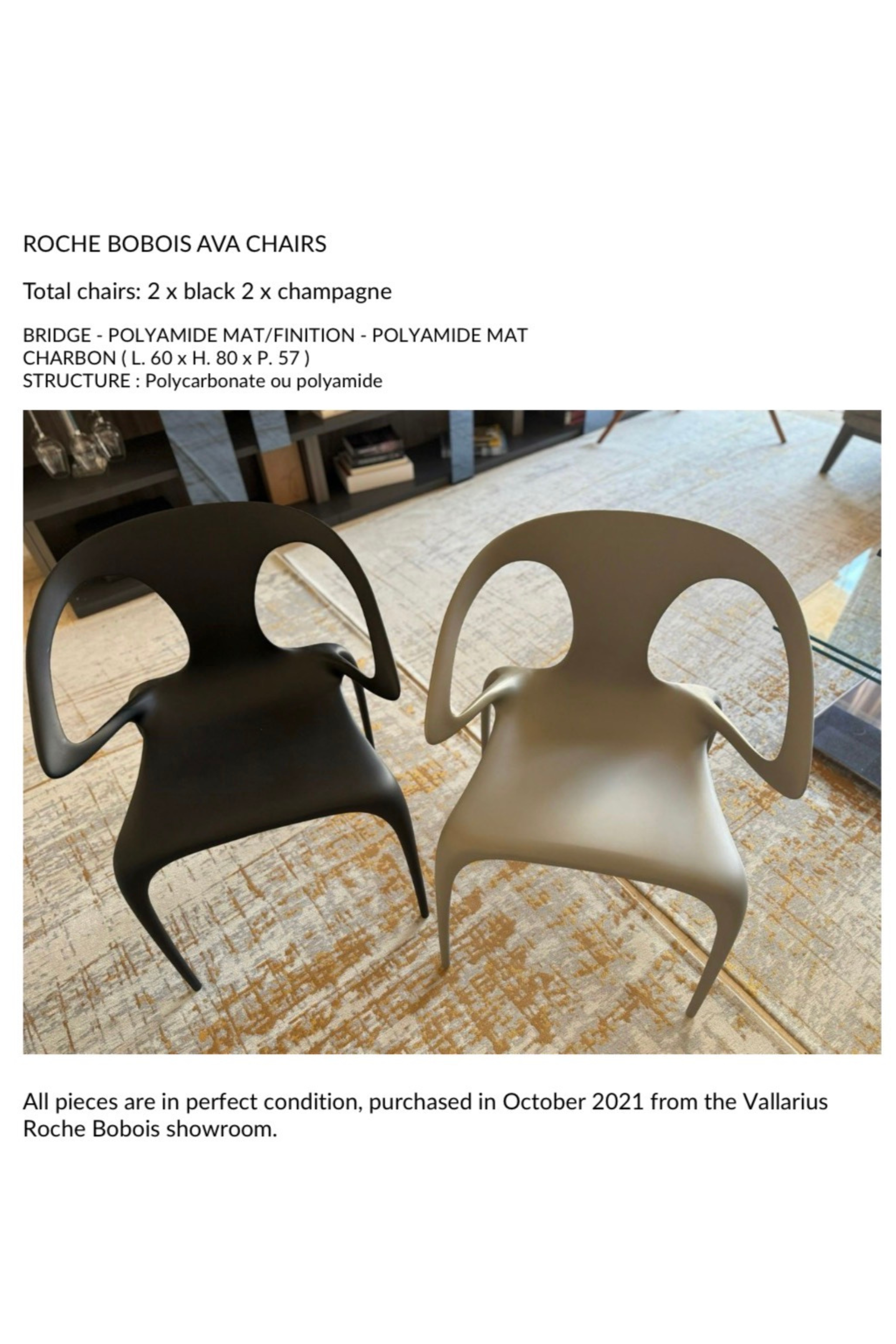 Set of four Roche Bobois Ava dining chairs designed by Serpil Barrington-Serle, featuring sleek modern style and comfortable upholstery.