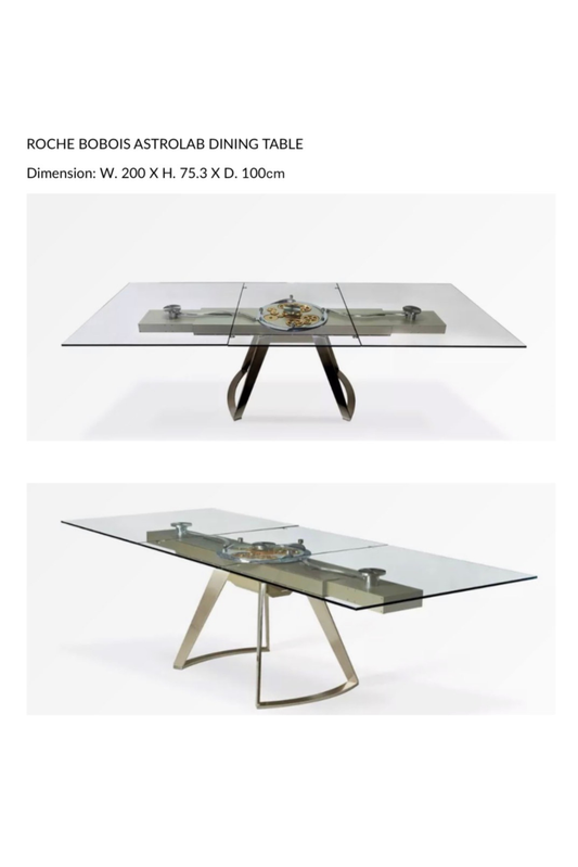 Roche Bobois Astrolab dining table in a modern dining room with sleek design and wooden finish, by Serpil Barrington-Serle.