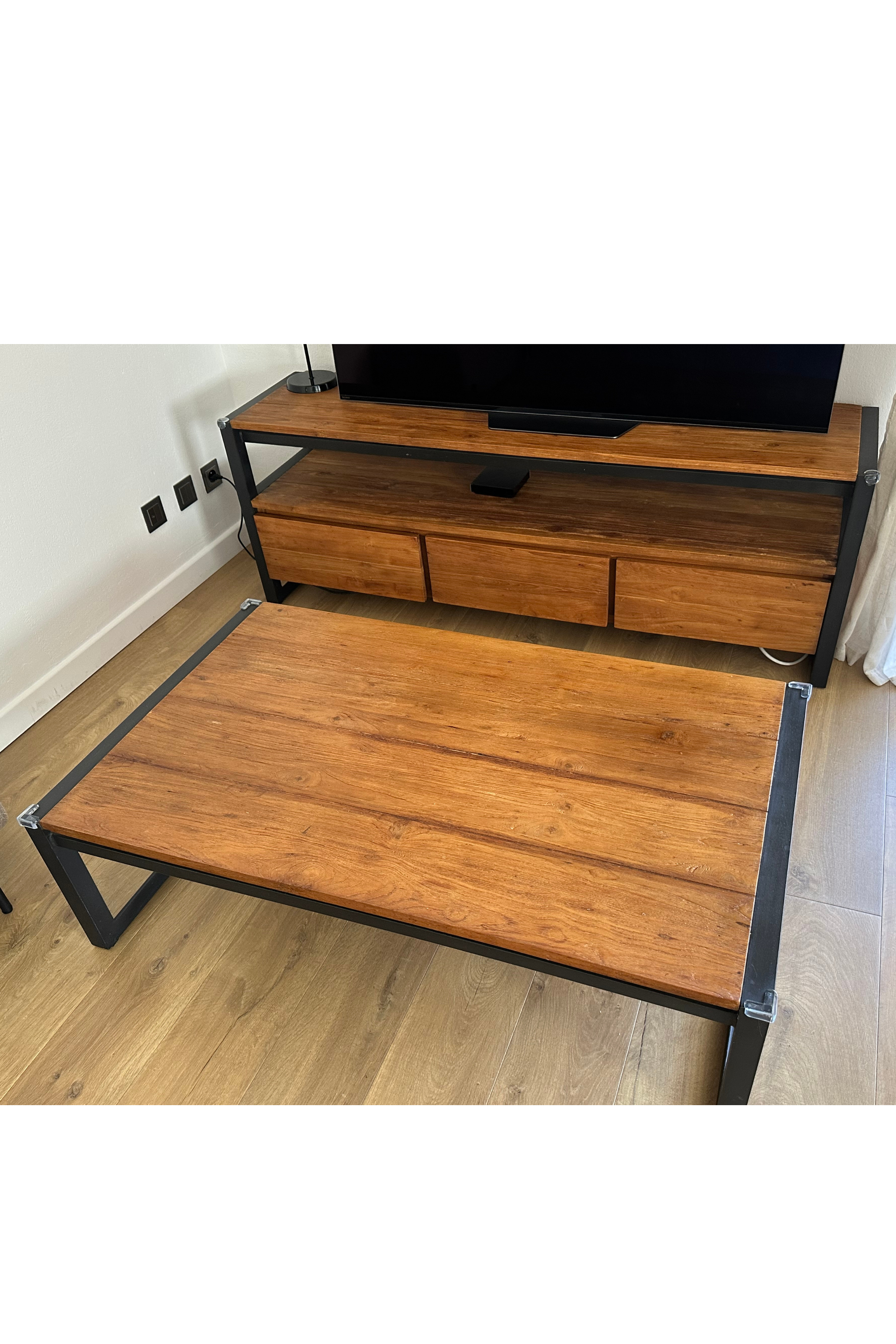 Teak & Black Metal TV Unit + Coffee Table Set - Meubles Monaco