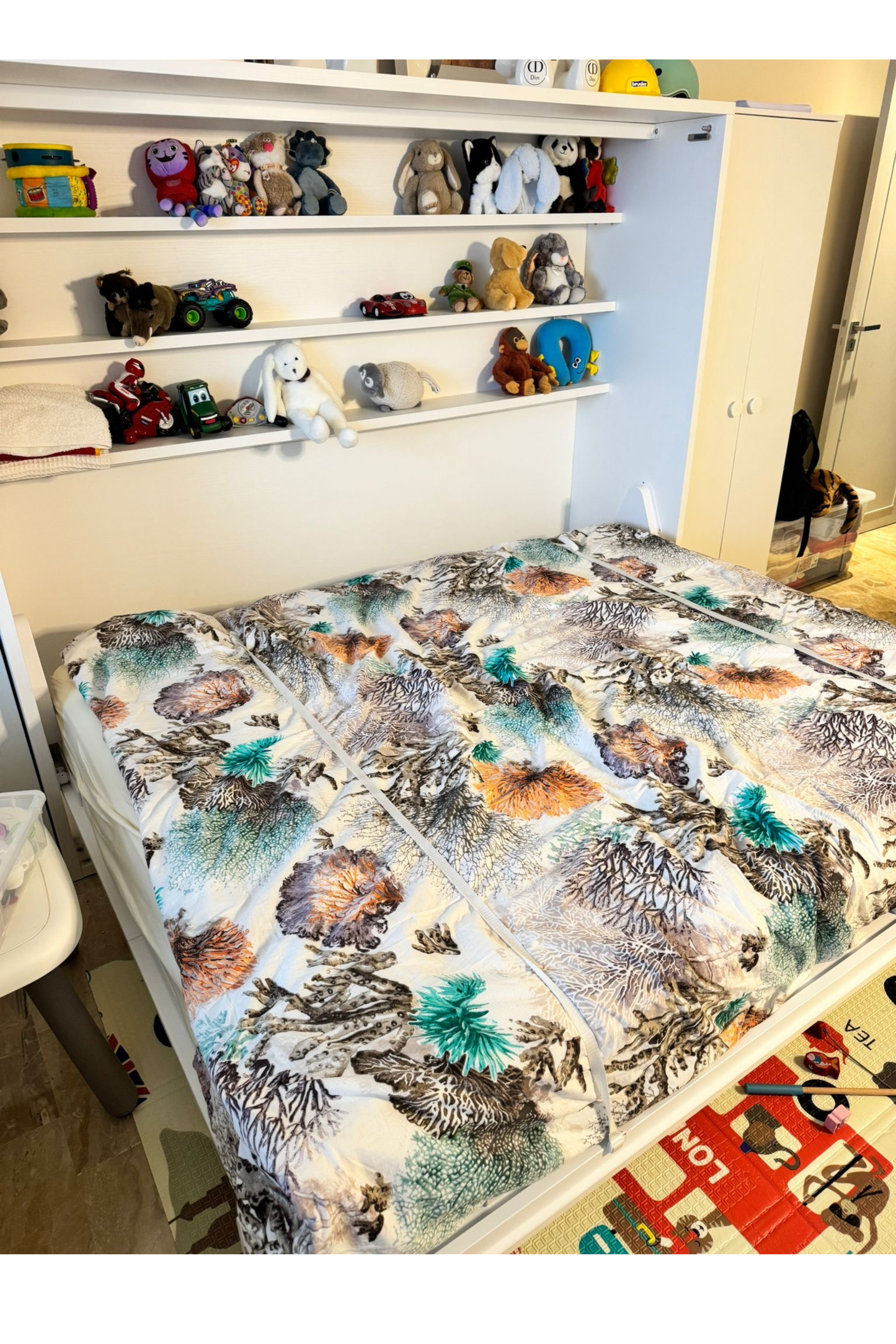 Wall bed with integrated storage, fold-down design, and 160×200 cm size, by Anastasia Tarutova, shown in a modern bedroom setting.