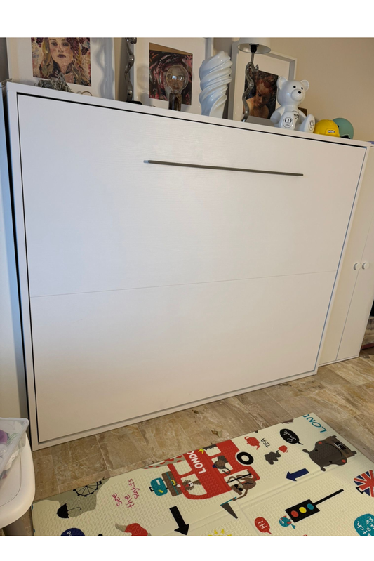 Wall bed with integrated storage in a modern bedroom, featuring a fold-down mechanism and 160×200 cm size by Anastasia Tarutova