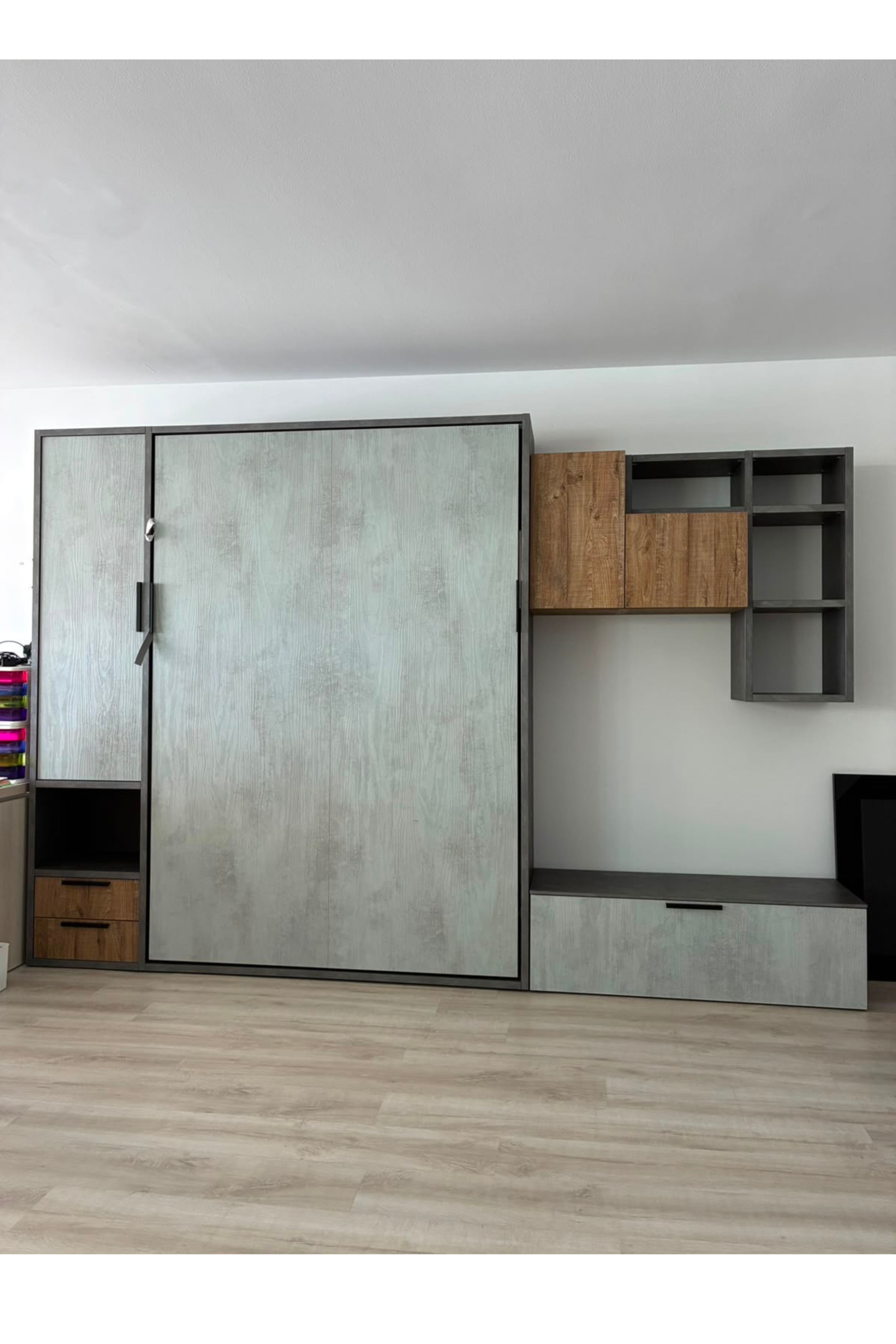 Italian Wall Bed with Integrated Storage & Shelving