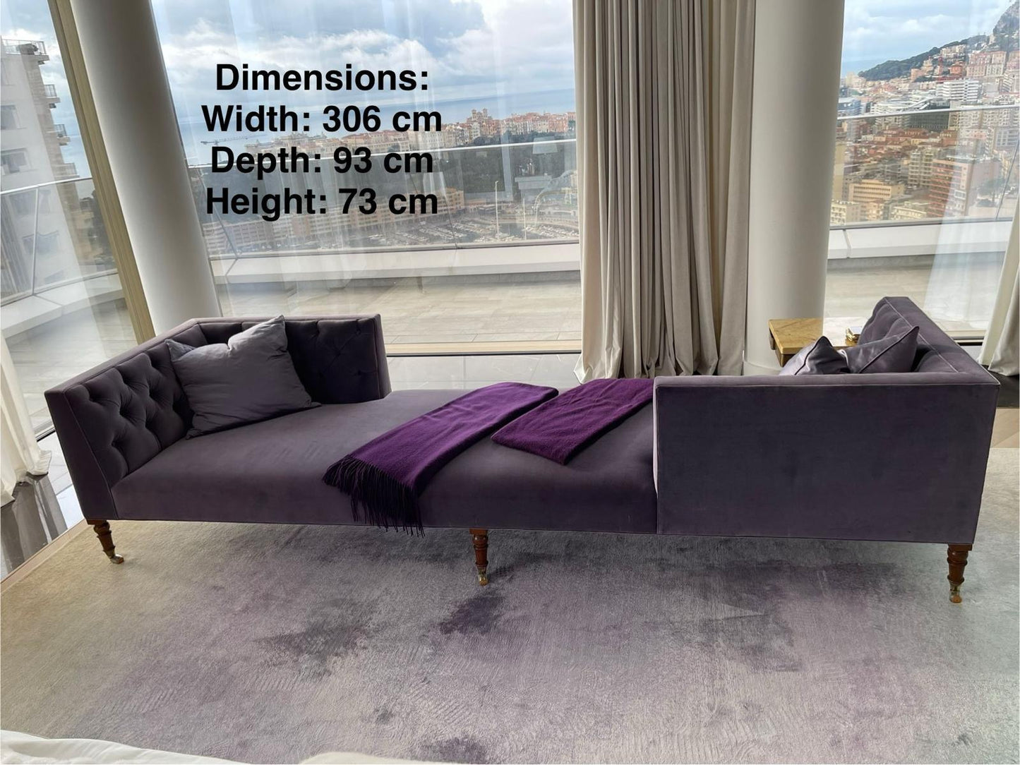 Yvette Stokes Casa Armani purple velvet lounge sofa with plush cushions and elegant design, perfect for modern living rooms.