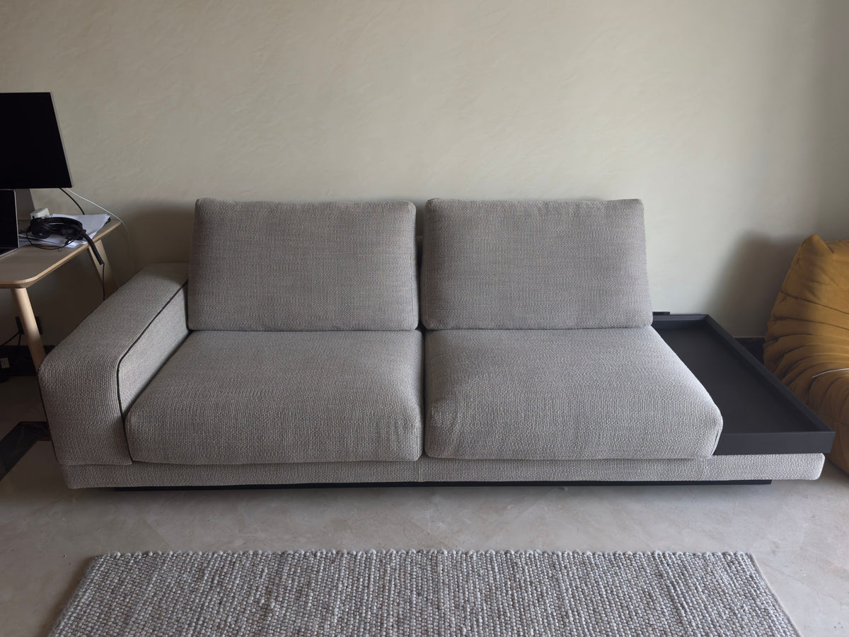 Roche Bobois Altéa Three-Seater Sofa in Cream Woven Fabric with Wood Side Tray